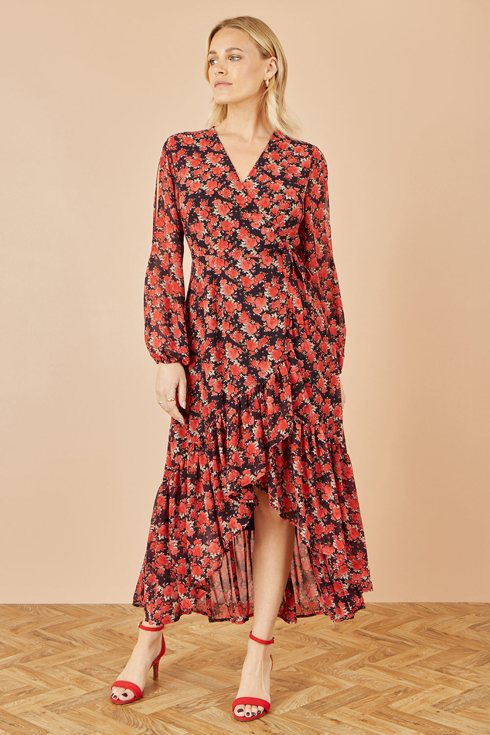 Yumi Red Rose Print Dipped Hemline Midi Dress With Open Long Sleeves - QHA UK