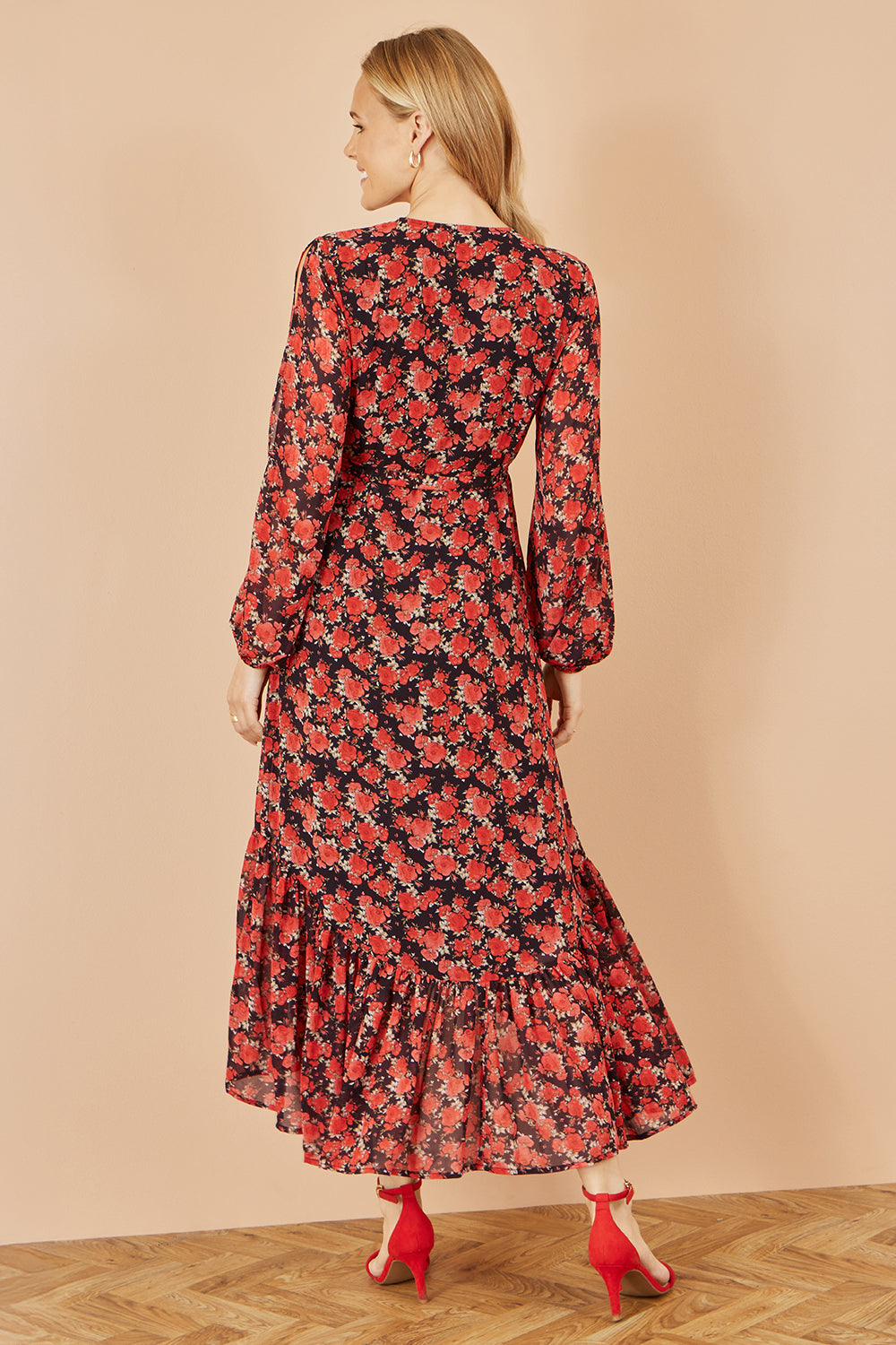 Yumi Red Rose Print Dipped Hemline Midi Dress With Open Long Sleeves - QHA UK