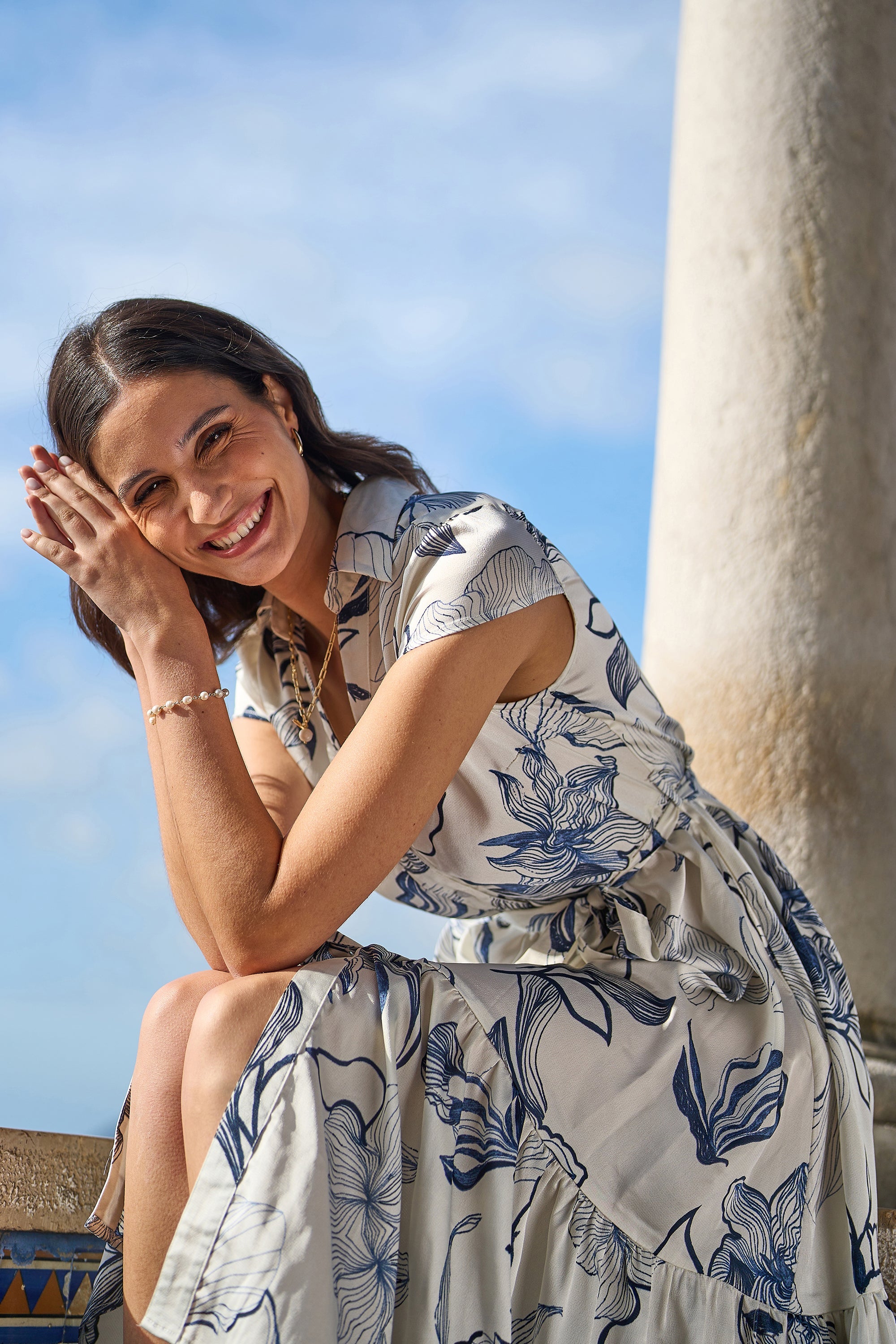 Yumi White Abstract Floral Midi Shirt Dress