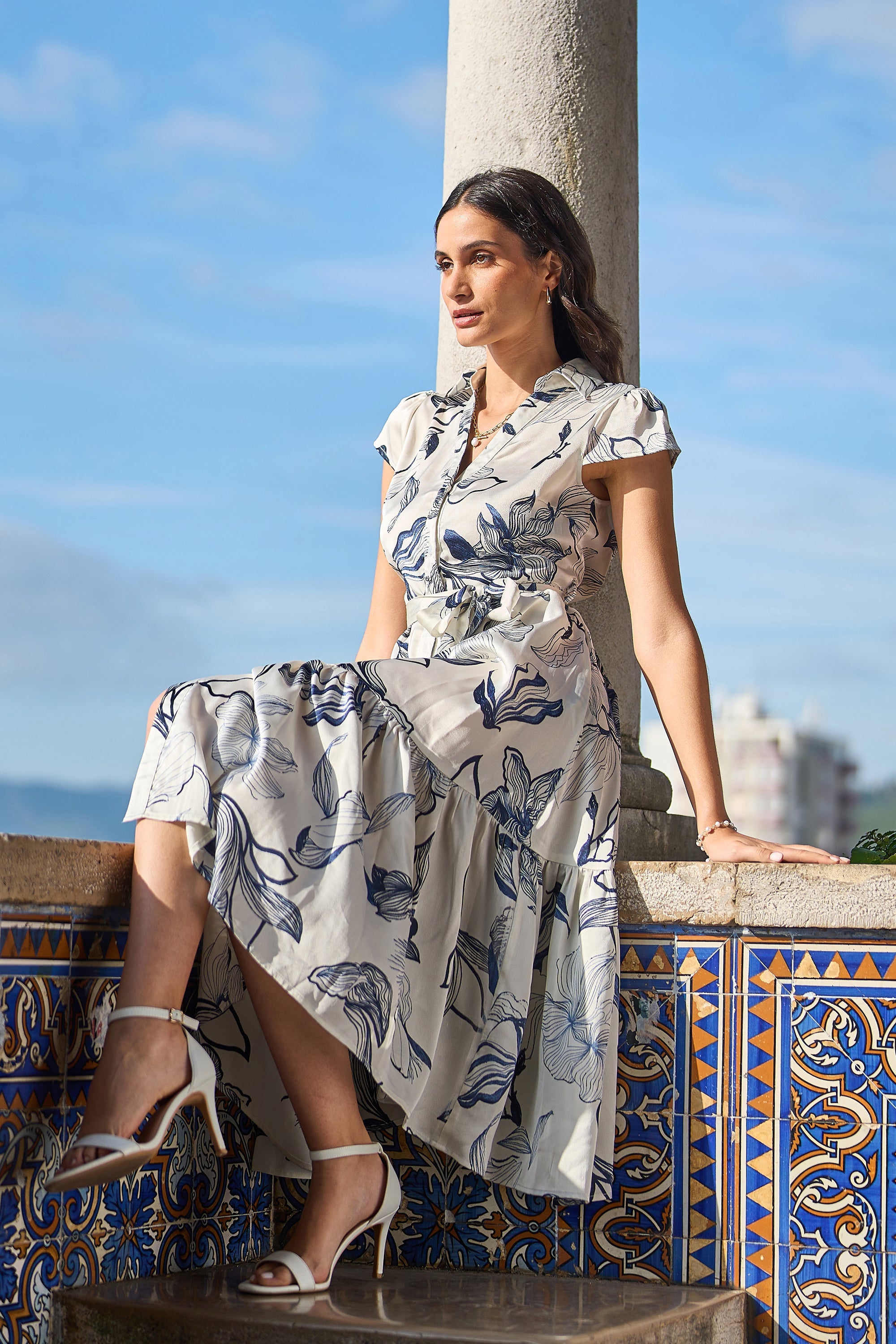 Yumi White Abstract Floral Midi Shirt Dress - QHA UK