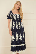 Yumi Navy Block Print Viscose Ruched Midi Dress - QHA UK