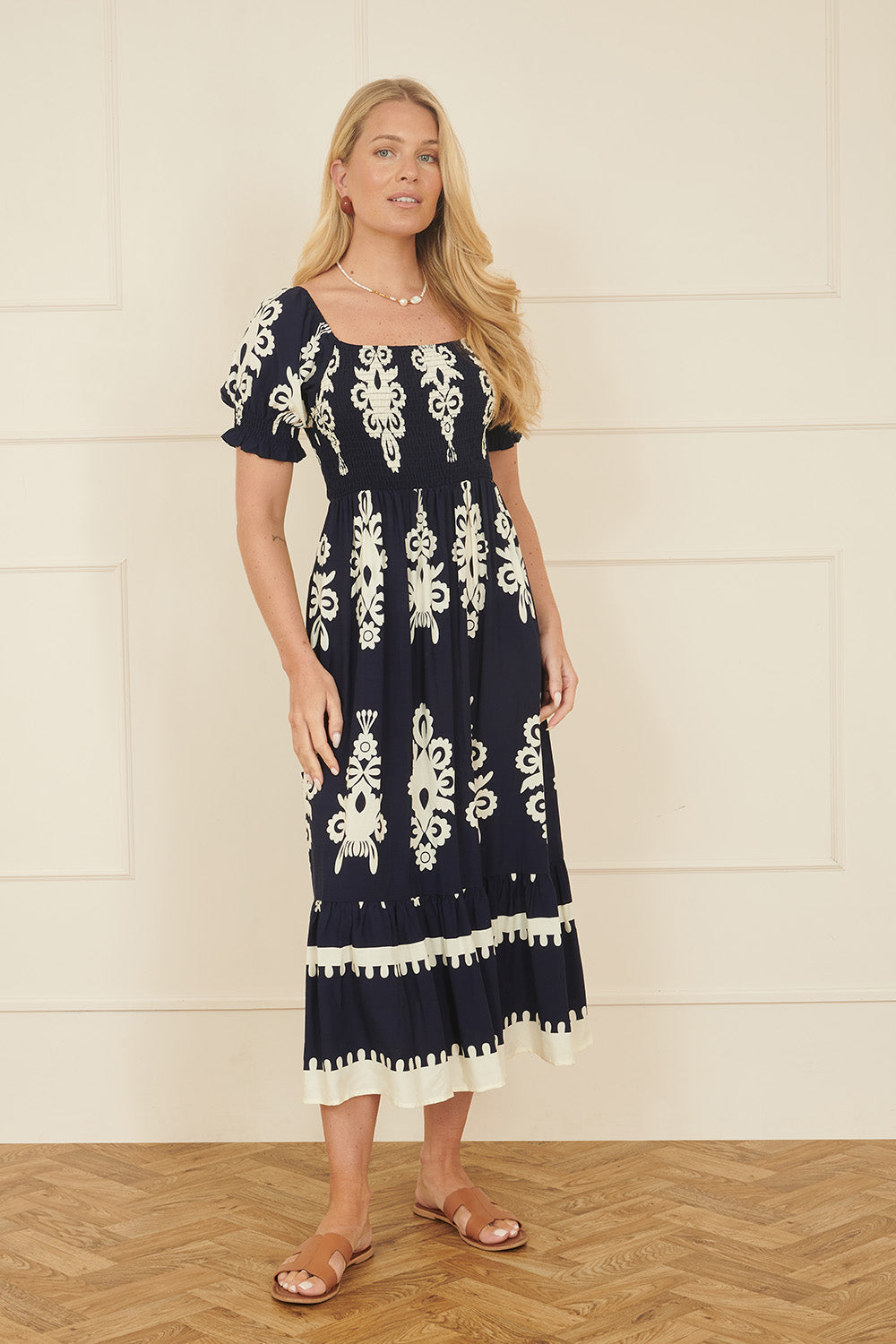 Yumi Navy Block Print Viscose Ruched Midi Dress - QHA UK