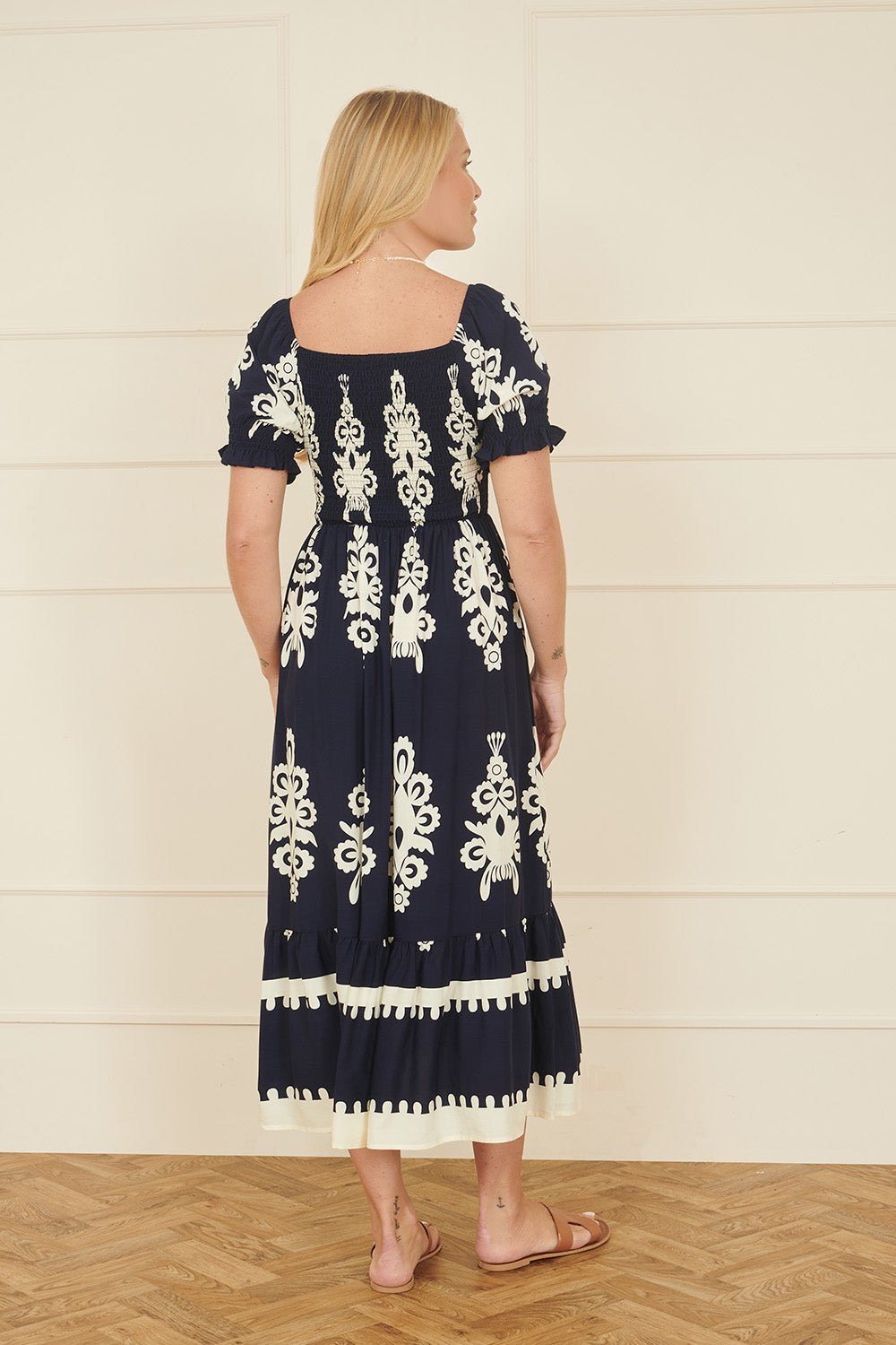 Yumi Navy Block Print Viscose Ruched Midi Dress - QHA UK