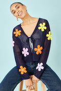 Yumi Navy Tie Front Cardigan With Flower Design - QHA UK