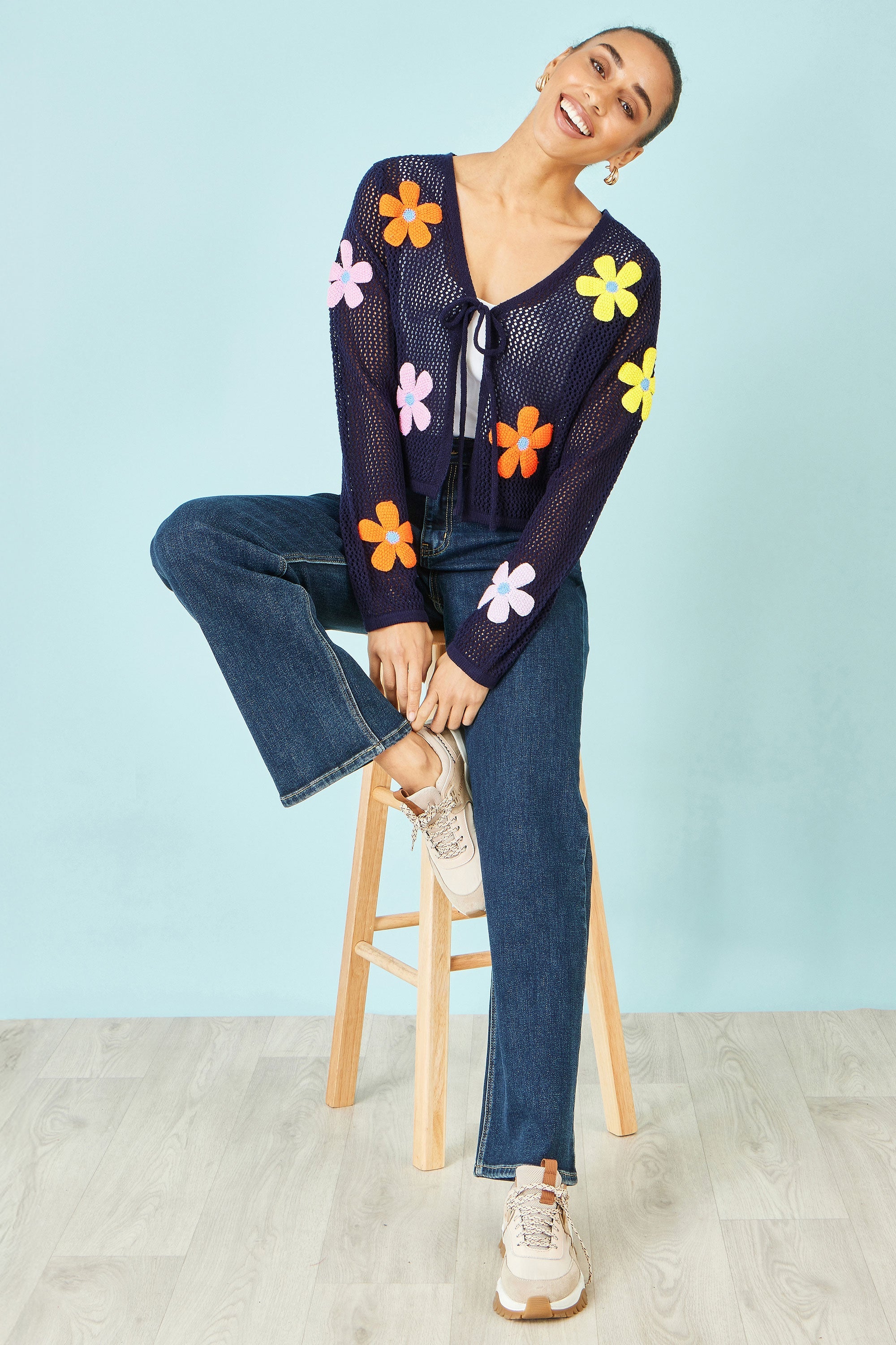 Yumi Navy Tie Front Cardigan With Flower Design