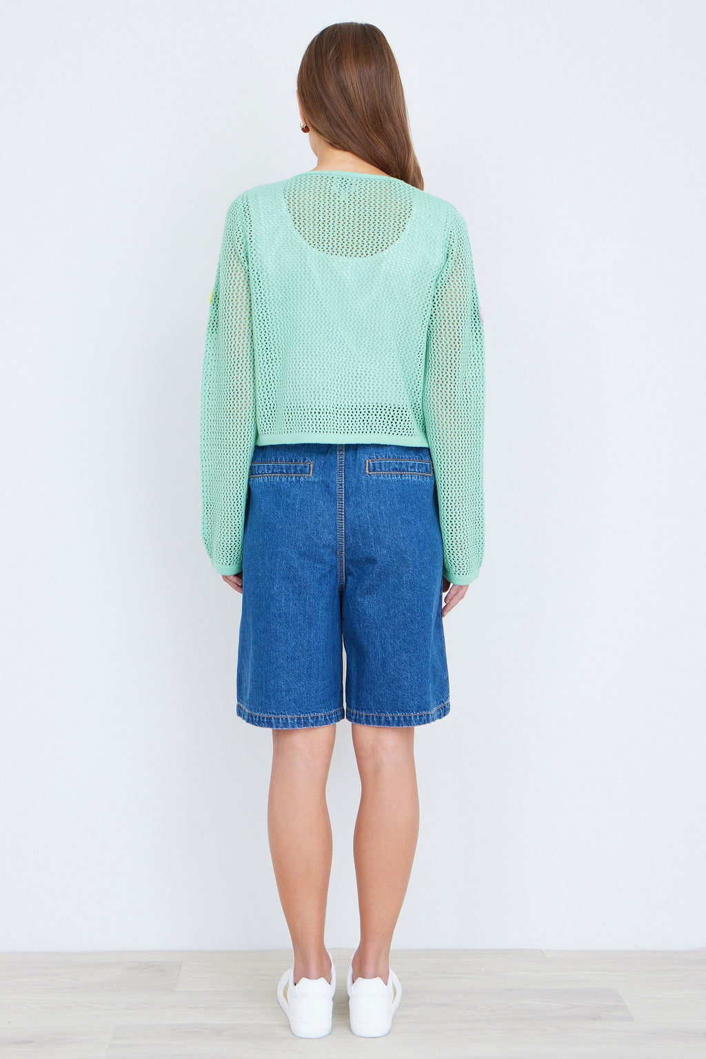 Yumi Mint Tie Front Cardigan With Flower Design