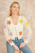 Yumi White Tie Front Cardigan With Flower Design - QHA UK