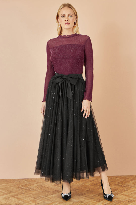 Yumi Black Sparkle Mesh Tulle Skirt With Satin Bow - QHA UK