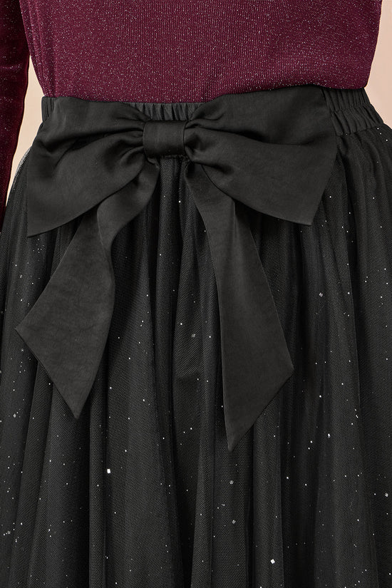 Yumi Black Sparkle Mesh Tulle Skirt With Satin Bow - QHA UK