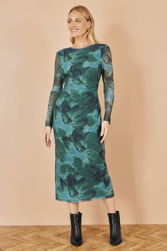 Yumi Green Floral Mesh Bodycon Dress With Tie Back - QHA UK