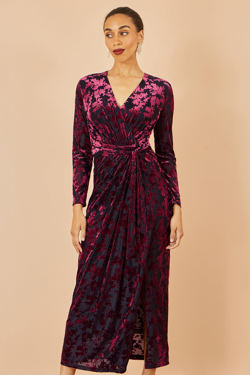 Yumi Burgundy Velour Stretch Midi Dress With Long Sleeves