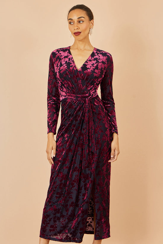 Yumi Burgundy Velour Stretch Midi Dress With Long Sleeves - QHA UK