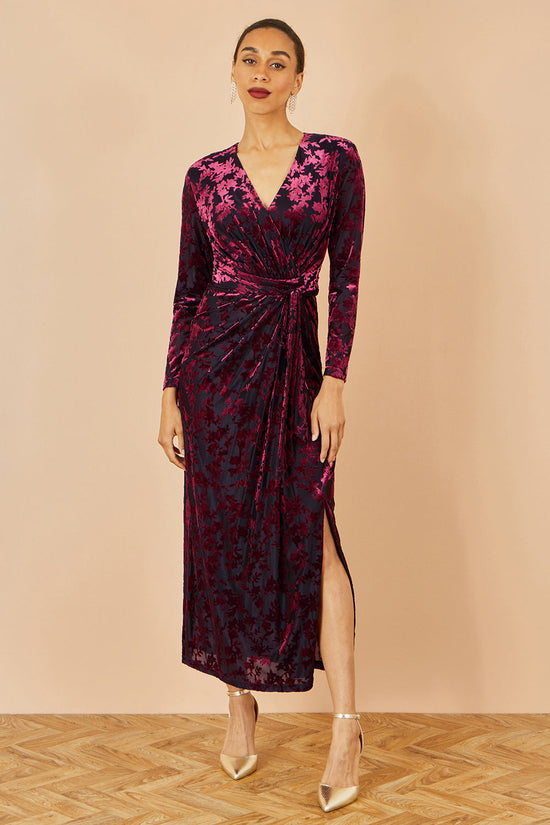 Yumi Burgundy Velour Stretch Midi Dress With Long Sleeves - QHA UK