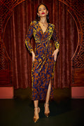 Yumi Navy Velour Stretch Midi Dress With Long Sleeves - QHA UK