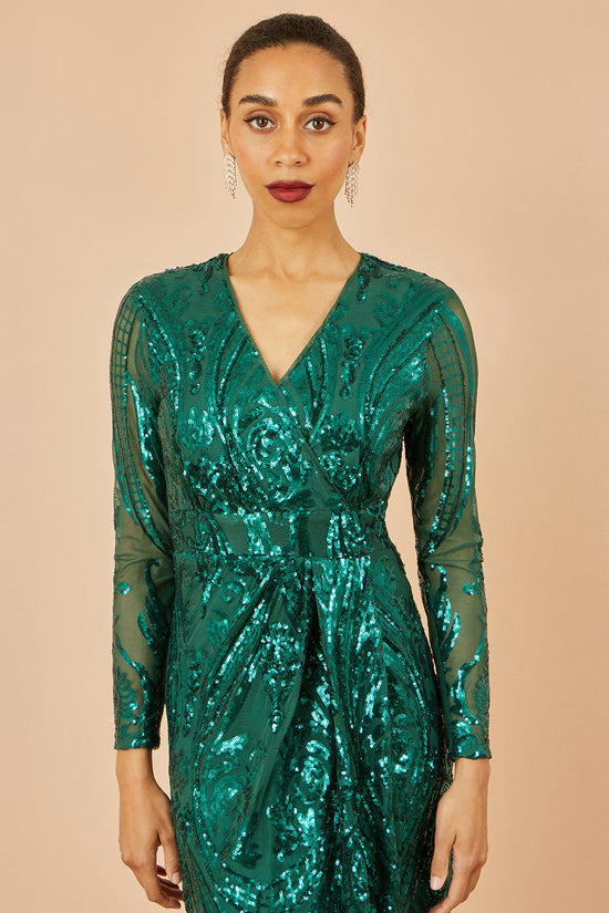 Yumi Green Sequin Midi Wrap Dress With Split Hemline And Long Sleeves - QHA UK