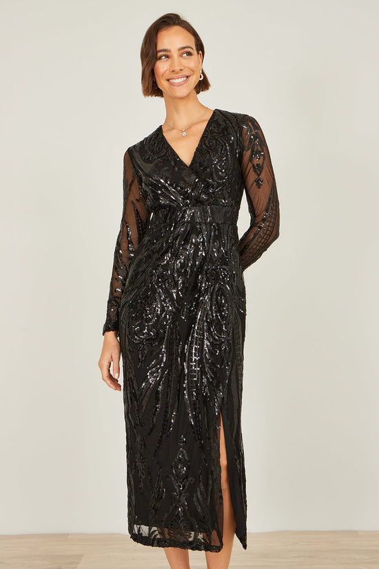 Yumi Black Sequin Midi Wrap Dress With Split Hemline And Long Sleeves - QHA UK