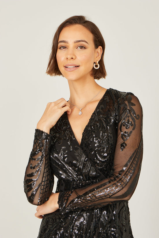 Yumi Black Sequin Midi Wrap Dress With Split Hemline And Long Sleeves - QHA UK