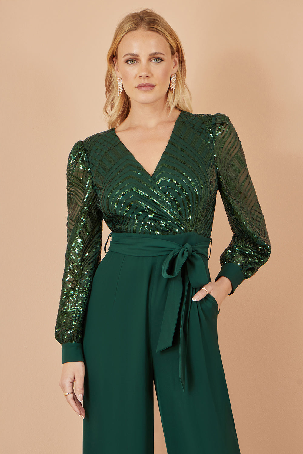 Yumi Green Sequin Wrap Over Jumpsuit - QHA UK