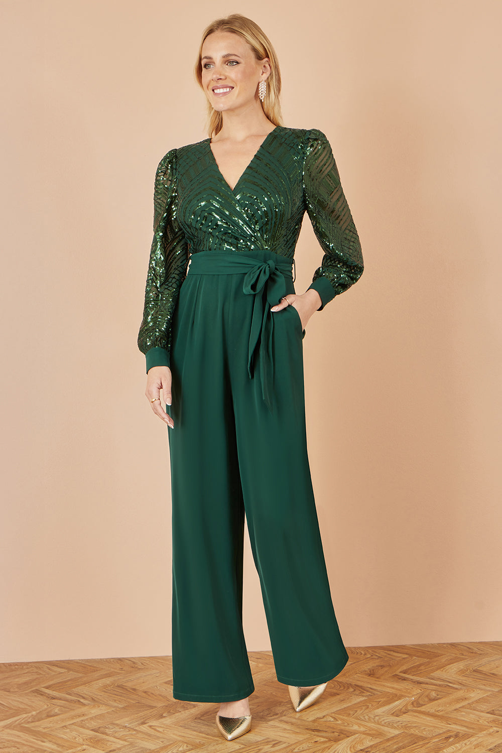 Yumi Green Sequin Wrap Over Jumpsuit - QHA UK