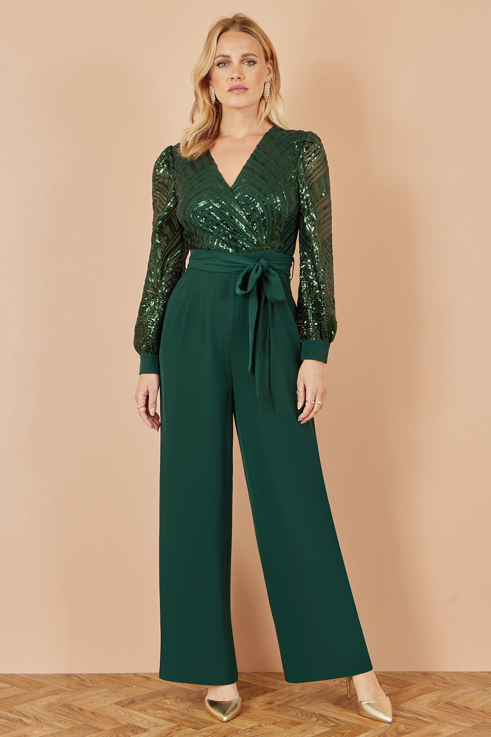Yumi Green Sequin Wrap Over Jumpsuit - QHA UK