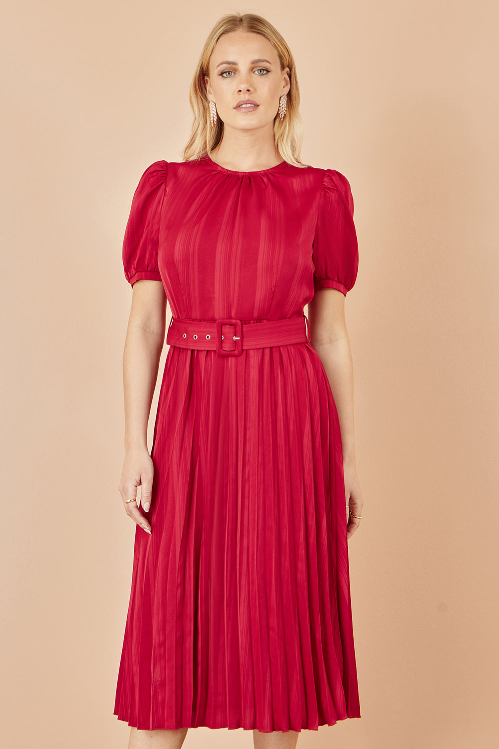 Yumi Red Satin Striped Midi Dress With Pleats and Matching Belt - QHA UK