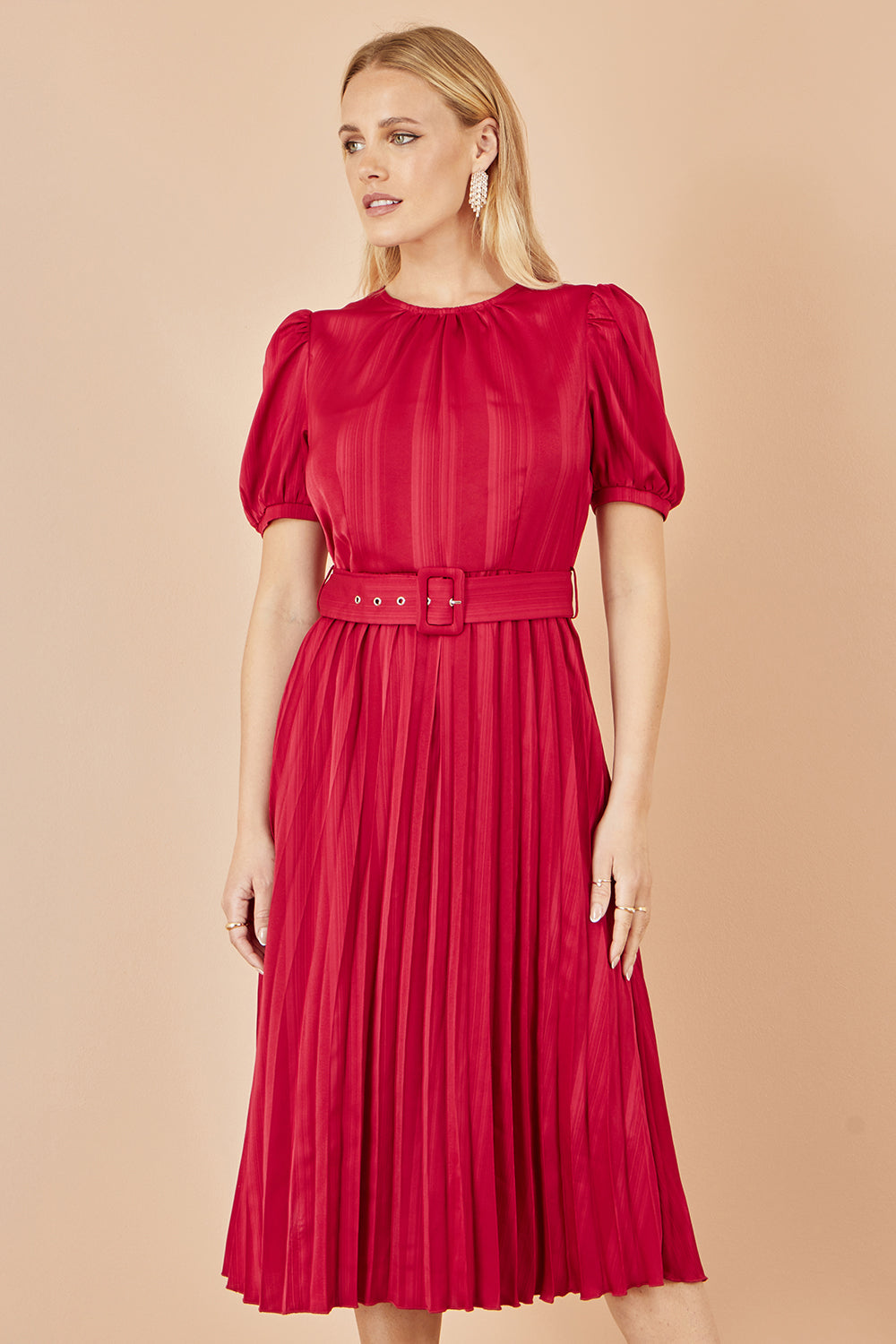 Yumi Red Satin Striped Midi Dress With Pleats and Matching Belt - QHA UK