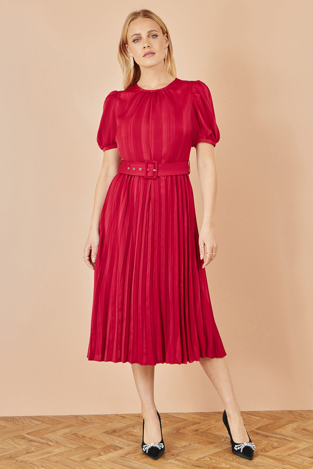 Yumi Red Satin Striped Midi Dress With Pleats and Matching Belt - QHA UK