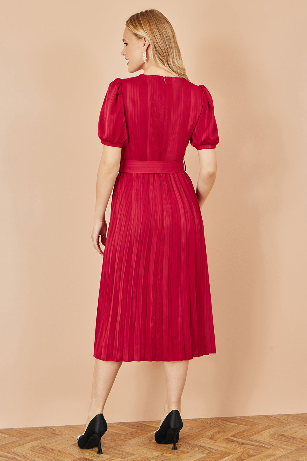 Yumi Red Satin Striped Midi Dress With Pleats and Matching Belt - QHA UK