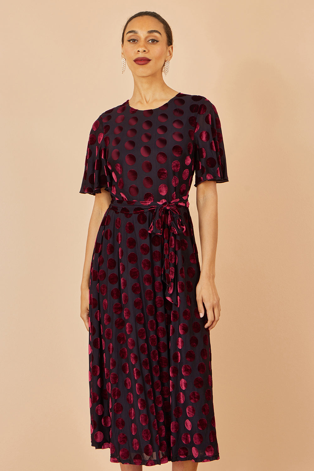 Yumi Burgundy Velour Spot Midi Skater Dress - QHA UK
