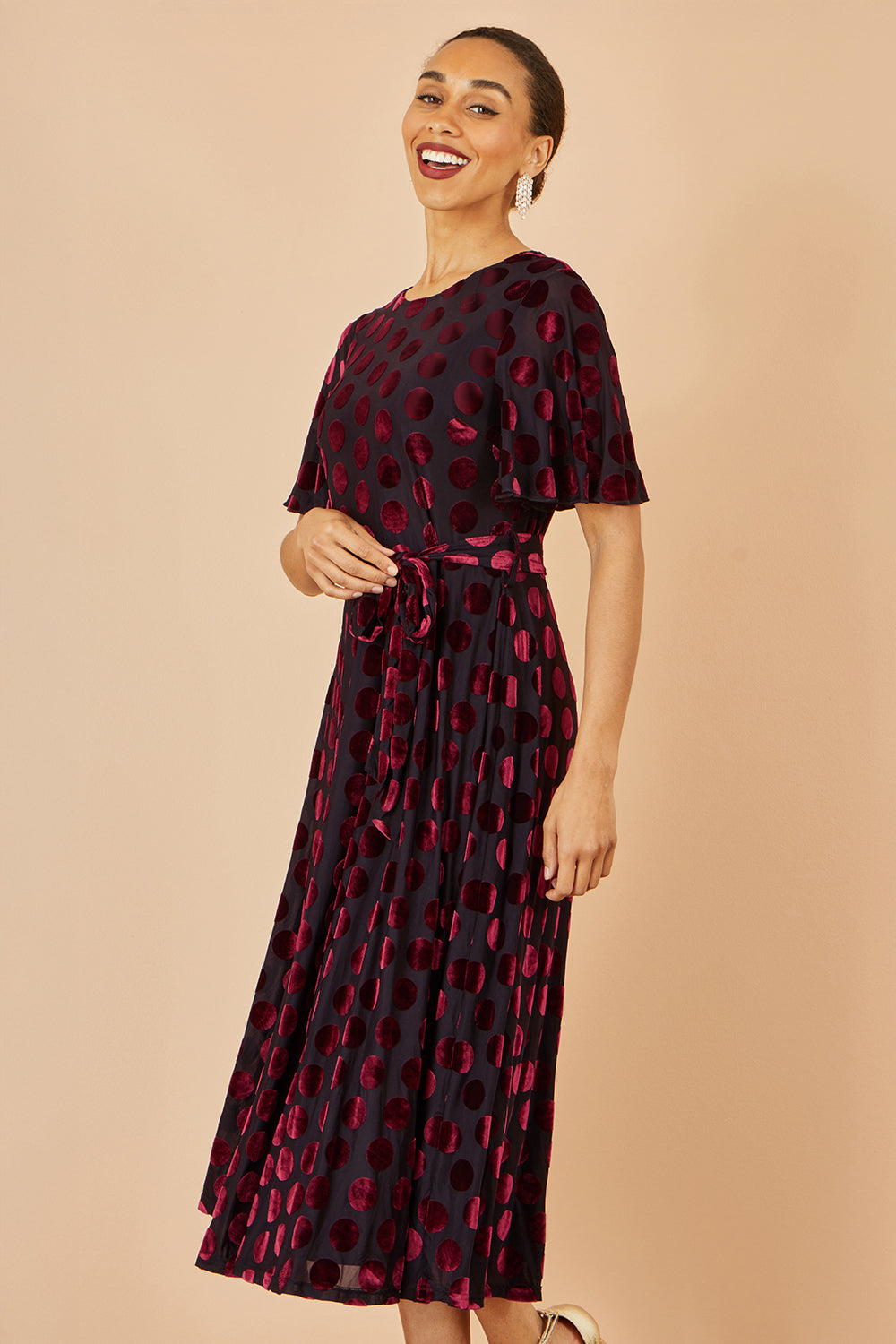 Yumi Burgundy Velour Spot Midi Skater Dress - QHA UK
