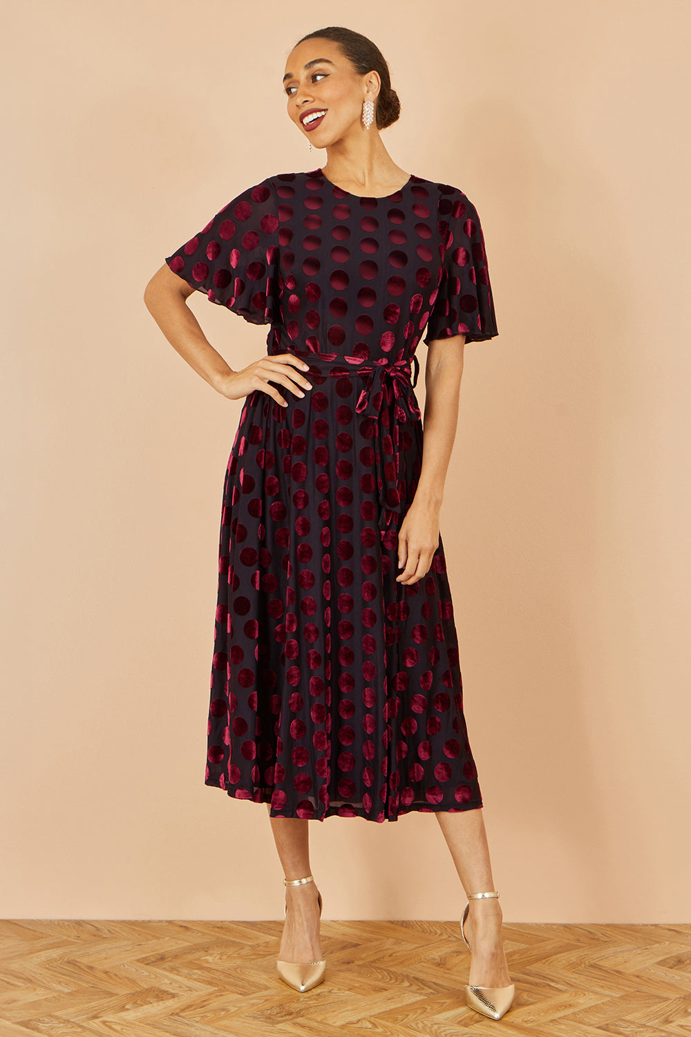 Yumi Burgundy Velour Spot Midi Skater Dress - QHA UK