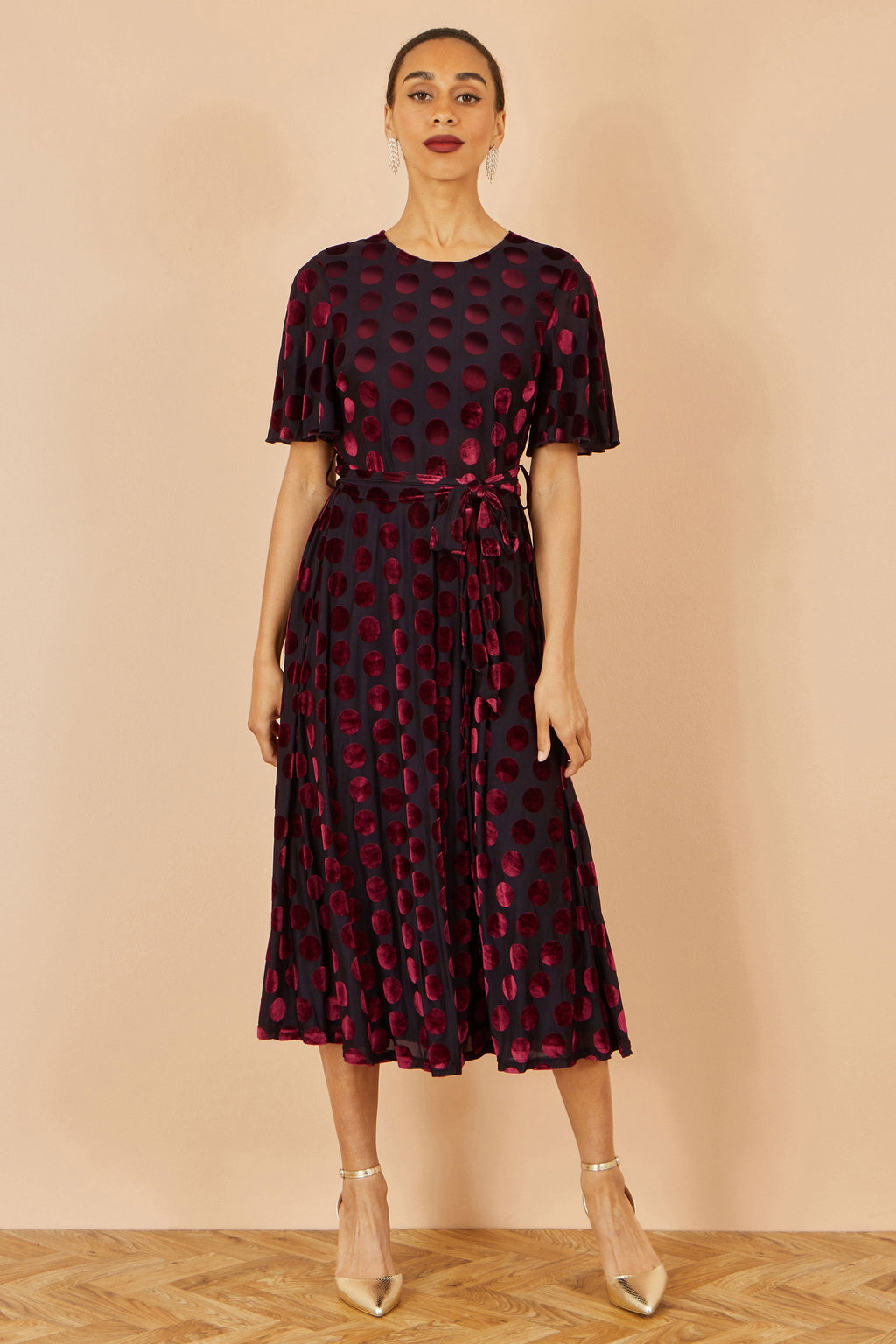 Yumi Burgundy Velour Spot Midi Skater Dress