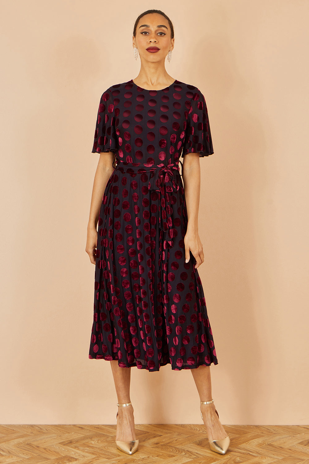 Yumi Burgundy Velour Spot Midi Skater Dress - QHA UK