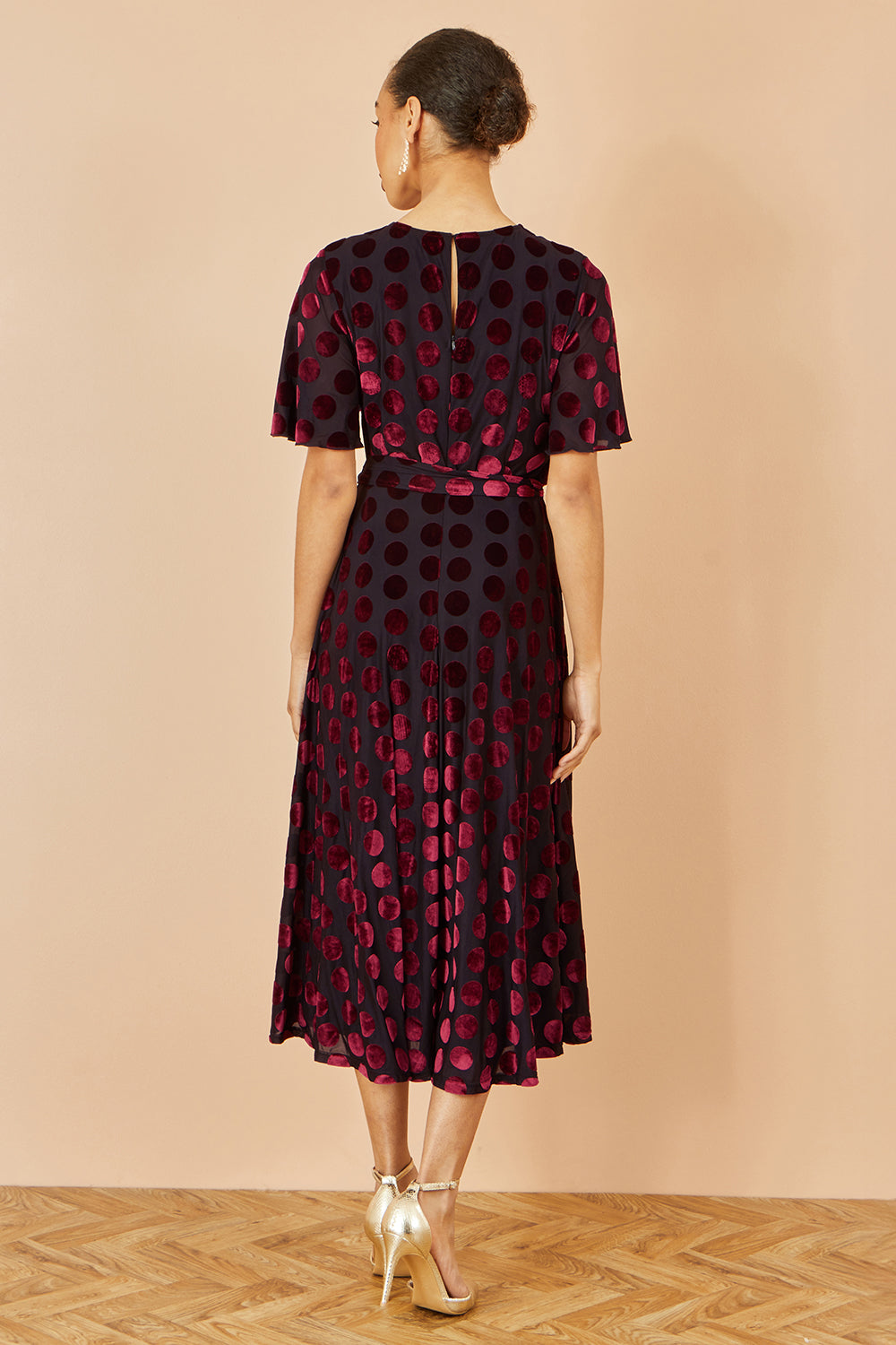 Yumi Burgundy Velour Spot Midi Skater Dress - QHA UK