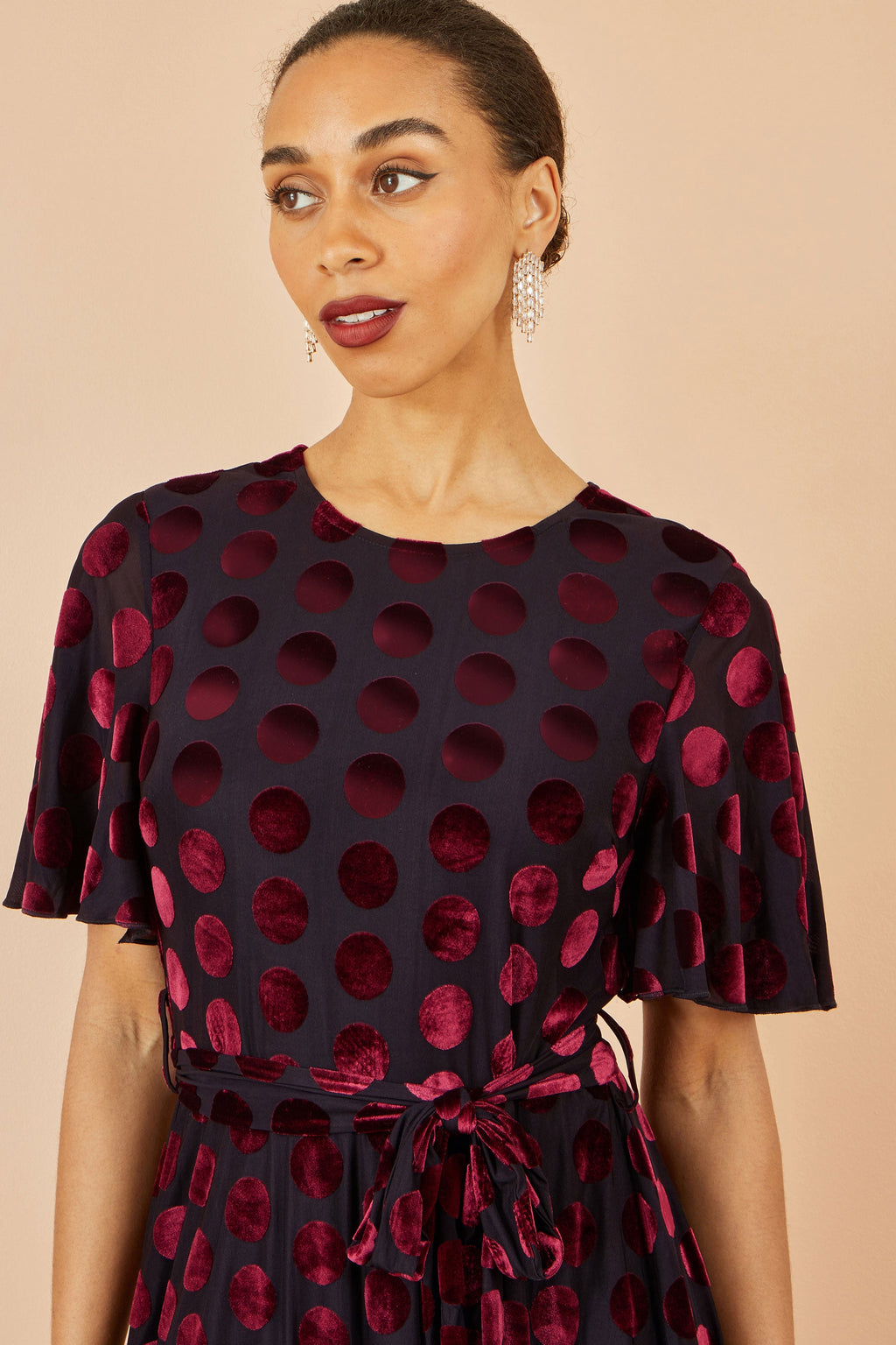 Yumi Burgundy Velour Spot Midi Skater Dress