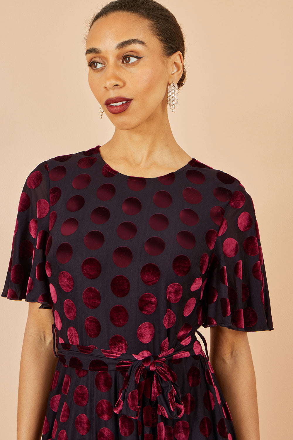 Yumi Burgundy Velour Spot Midi Skater Dress - QHA UK