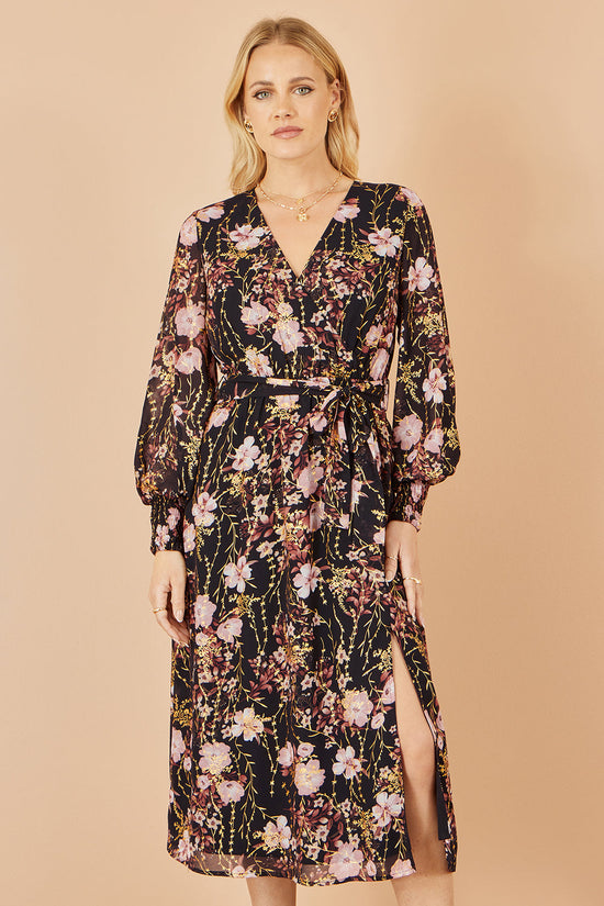 Yumi Black Foiled Floral Print Wrap Midi Dress - QHA UK