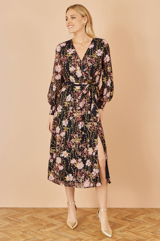 Yumi Black Foiled Floral Print Wrap Midi Dress - QHA UK