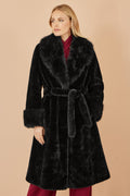 Yumi Black Wrap Faux Fur Coat With Oversize Collar - QHA UK