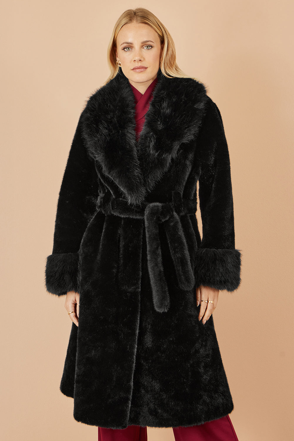 Yumi Black Wrap Faux Fur Coat With Oversize Collar - QHA UK