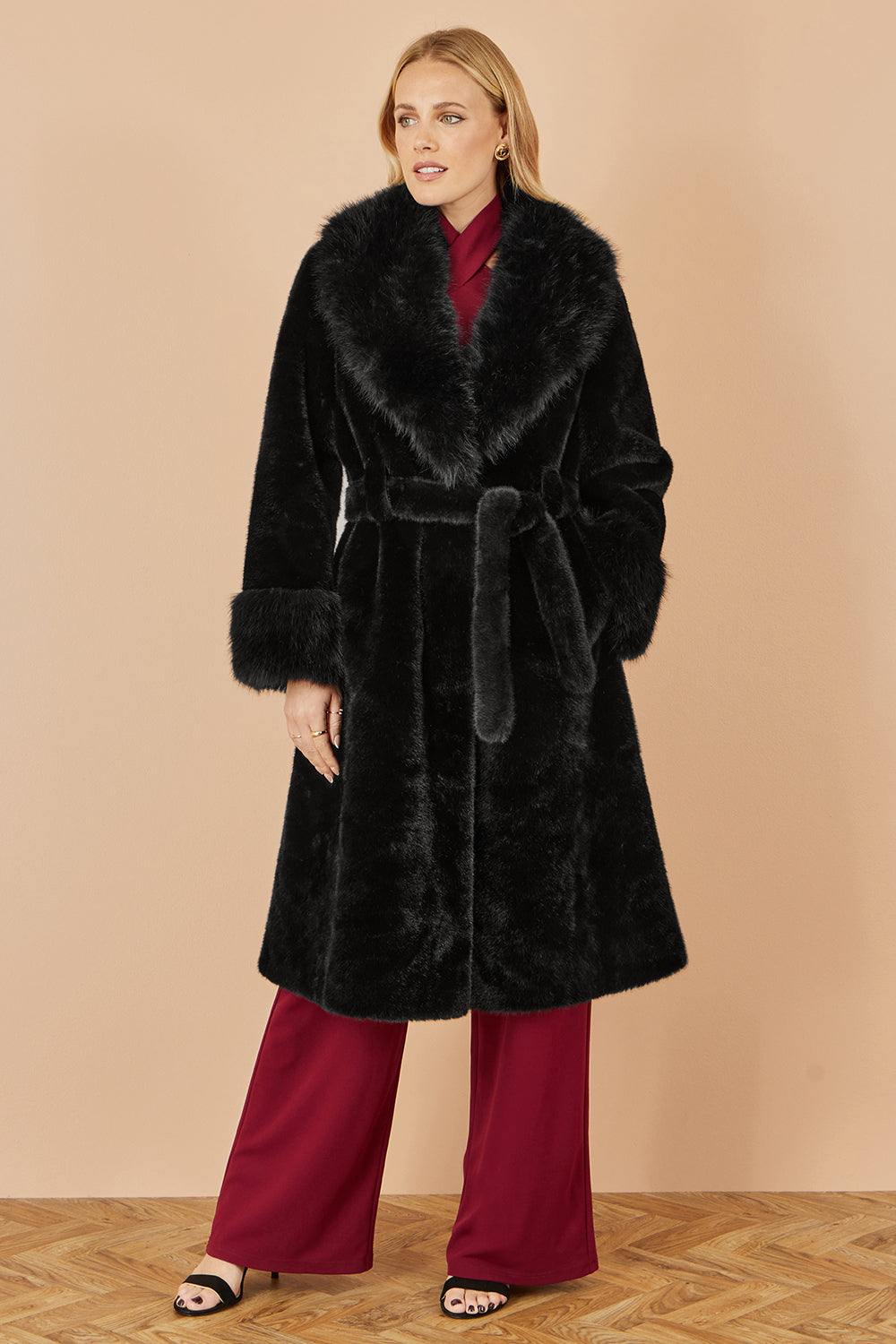 Yumi Black Wrap Faux Fur Coat With Oversize Collar - QHA UK