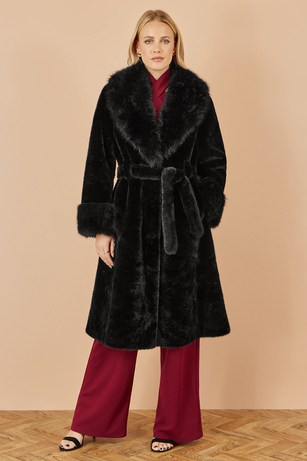 Yumi Black Wrap Faux Fur Coat With Oversize Collar - QHA UK