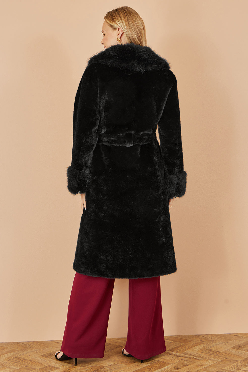 Yumi Black Wrap Faux Fur Coat With Oversize Collar - QHA UK