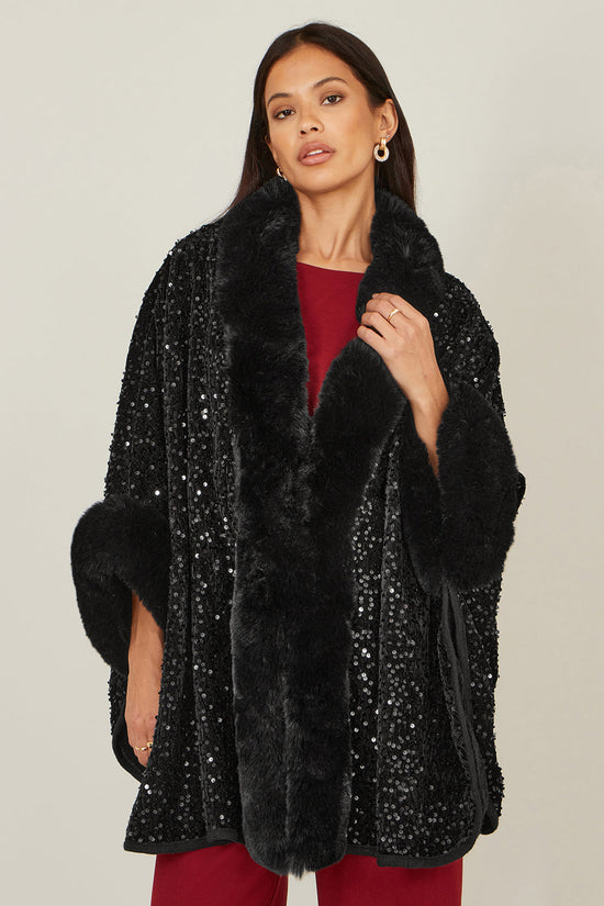 Yumi Black Sequin Cape with Faux Fur Trim and Lining - QHA UK