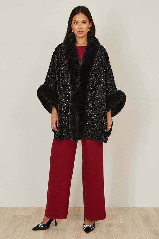 Yumi Black Sequin Cape with Faux Fur Trim and Lining - QHA UK