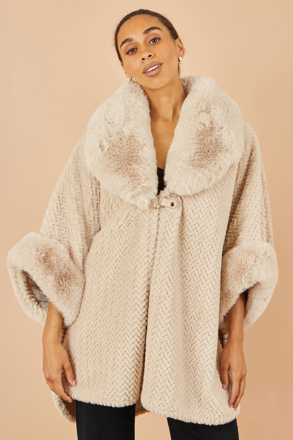 Yumi Beige Textured Fur Lined Cape - QHA UK
