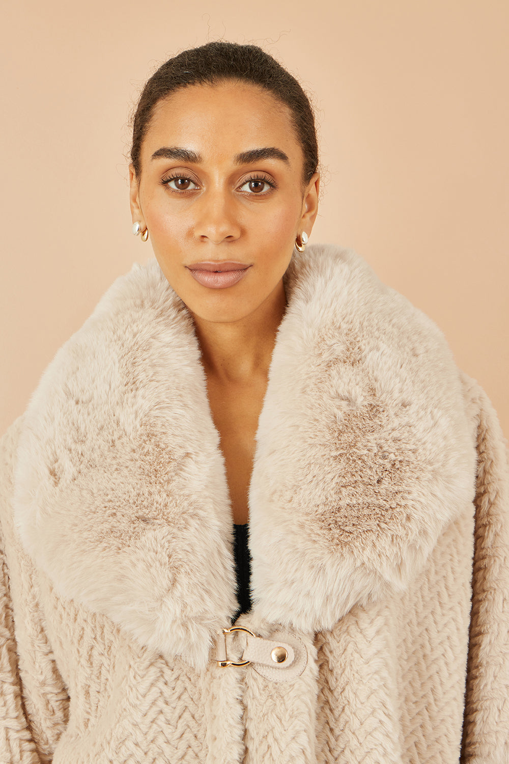 Yumi Beige Textured Fur Lined Cape - QHA UK