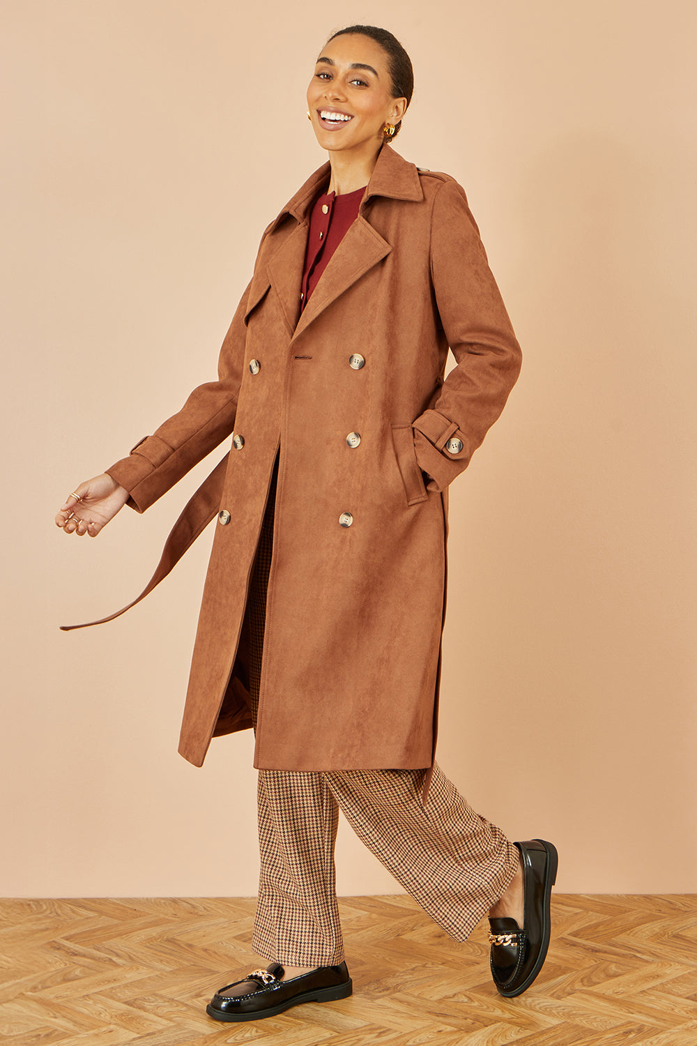 Yumi Brown Faux Suede Trench Coat - QHA UK