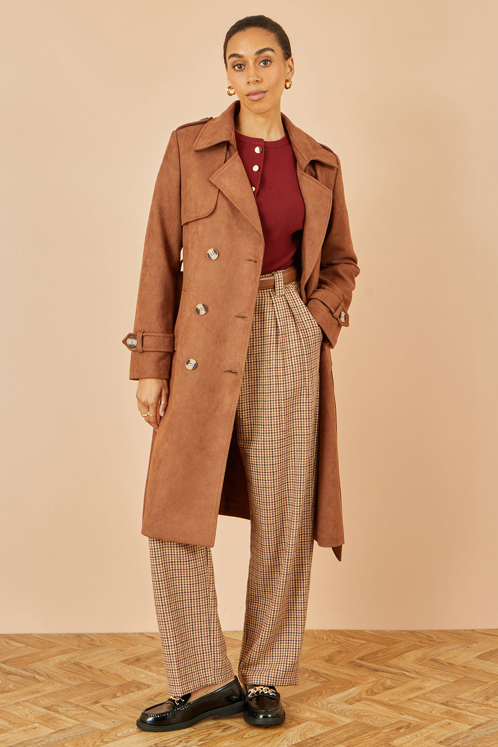 Yumi Brown Faux Suede Trench Coat - QHA UK