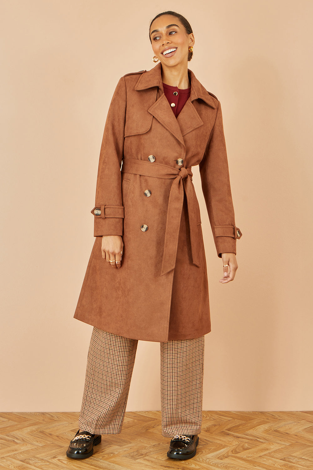 Yumi Brown Faux Suede Trench Coat - QHA UK